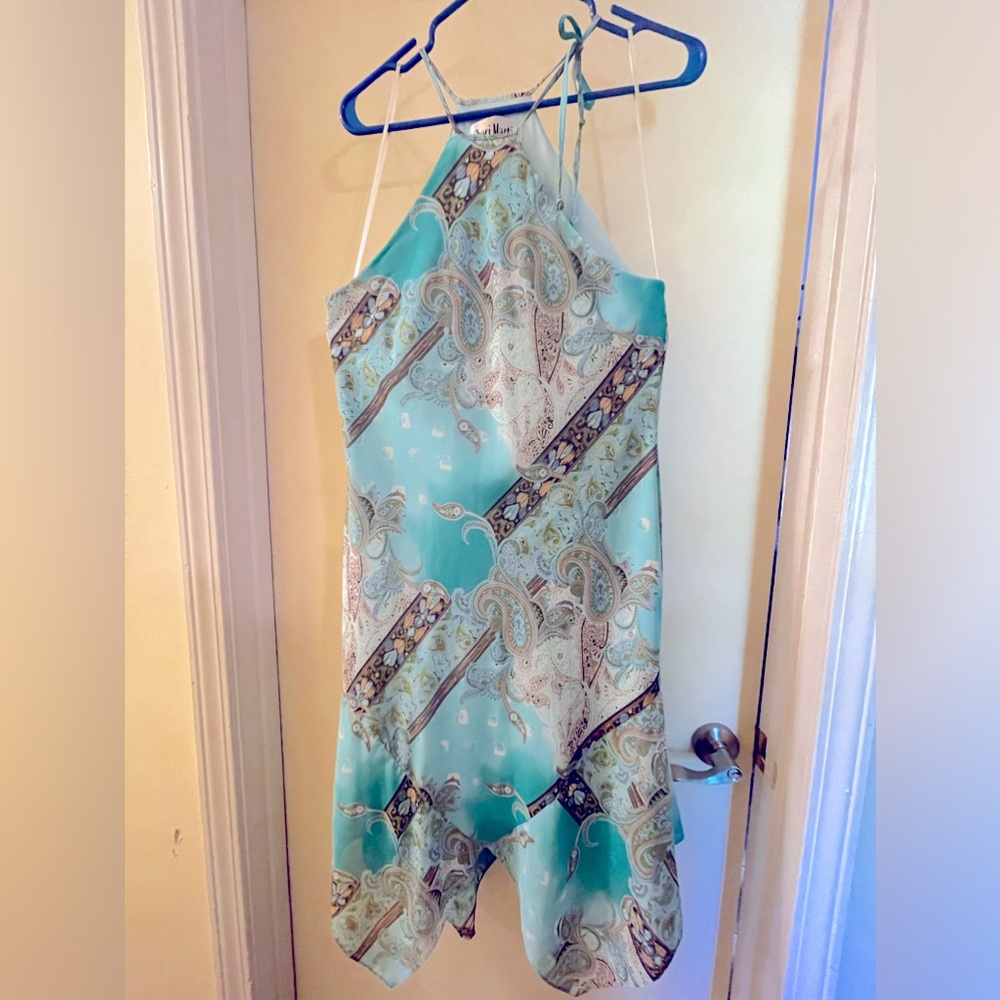 Sheri Martin halter dress sz 8, tapered bottom/liner turquoise colored worn 1x